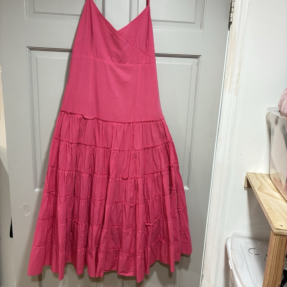 Camaieu Women Dress Size 10 Pink Layered V-neck Spaghetti Strap Tiered Midi - Picture 2 of 12